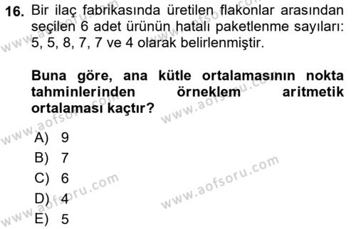 Sağlık Alanında İstatistik Dersi 2023 - 2024 Yılı (Vize) Ara Sınavı 16. Soru