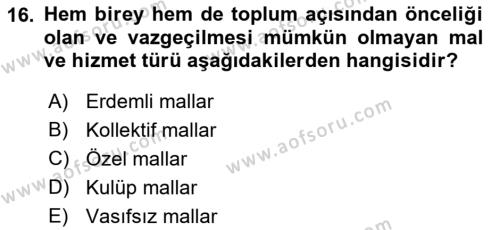 Sağlık Ekonomisi Dersi 2022 - 2023 Yılı Yaz Okulu Sınavı 16. Soru