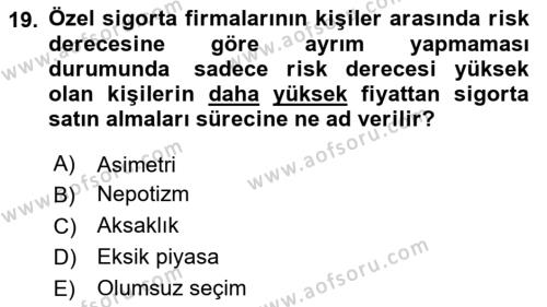 Sağlık Ekonomisi Dersi 2023 - 2024 Yılı Yaz Okulu Sınavı 19. Soru