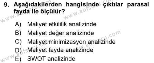 Sağlık Ekonomisi Dersi 2023 - 2024 Yılı Yaz Okulu Sınavı 9. Soru