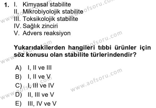 Genel Tıbbi Ürün Ve Tıbbi Cihaz Bilgisi Dersi 2023 - 2024 Yılı (Vize) Ara Sınavı 1. Soru