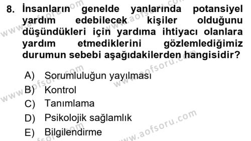 Sağlık Kurumlarında Afet Ve Kriz Yönetimi Dersi 2022 - 2023 Yılı Yaz Okulu Sınavı 8. Soru