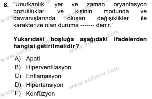 Sağlık Kurumlarında Afet Ve Kriz Yönetimi Dersi 2023 - 2024 Yılı Yaz Okulu Sınavı 8. Soru