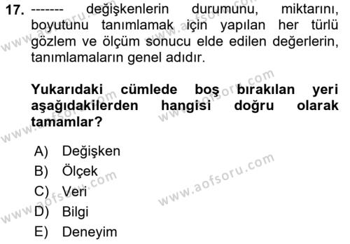 Sağlık Hizmetlerinde Araştırma Ve Değerlendirme Dersi 2024 - 2025 Yılı (Vize) Ara Sınavı 17. Soru