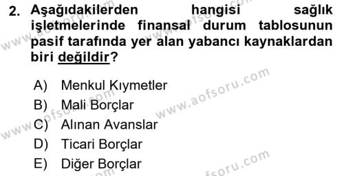 Sağlık İşletmelerinde Finansal Yönetim Dersi 2021 - 2022 Yılı (Vize) Ara Sınavı 2. Soru