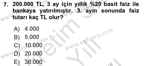 Sağlık İşletmelerinde Finansal Yönetim Dersi 2021 - 2022 Yılı (Vize) Ara Sınavı 7. Soru