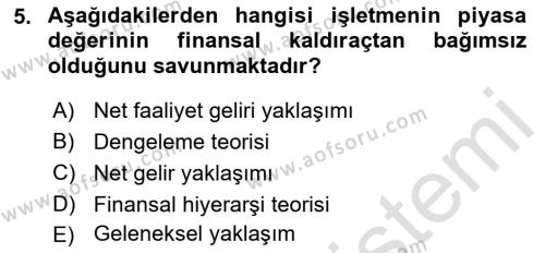 Sağlık İşletmelerinde Finansal Yönetim Dersi 2021 - 2022 Yılı (Final) Dönem Sonu Sınavı 5. Soru