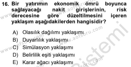 Sağlık İşletmelerinde Finansal Yönetim Dersi 2021 - 2022 Yılı Yaz Okulu Sınavı 16. Soru