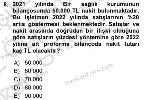 Sağlık İşletmelerinde Finansal Yönetim Dersi 2021 - 2022 Yılı Yaz Okulu Sınavı 8. Soru