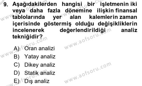 Sağlık İşletmelerinde Finansal Yönetim Dersi 2021 - 2022 Yılı Yaz Okulu Sınavı 9. Soru