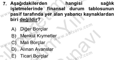 Sağlık İşletmelerinde Finansal Yönetim Dersi 2023 - 2024 Yılı (Vize) Ara Sınavı 7. Soru