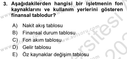 Sağlık İşletmelerinde Finansal Yönetim Dersi 2023 - 2024 Yılı (Final) Dönem Sonu Sınavı 3. Soru