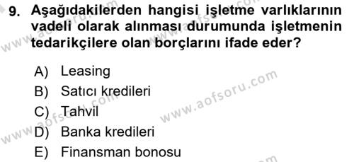 Sağlık İşletmelerinde Finansal Yönetim Dersi 2023 - 2024 Yılı (Final) Dönem Sonu Sınavı 9. Soru