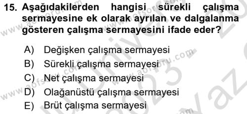 Sağlık İşletmelerinde Finansal Yönetim Dersi 2023 - 2024 Yılı Yaz Okulu Sınavı 15. Soru