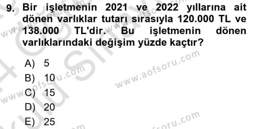 Sağlık İşletmelerinde Finansal Yönetim Dersi 2023 - 2024 Yılı Yaz Okulu Sınavı 9. Soru