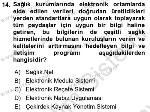 Sağlık İşletmelerinde Kalite Yönetim Dersi 2021 - 2022 Yılı (Final) Dönem Sonu Sınavı 14. Soru