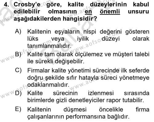 Sağlık İşletmelerinde Kalite Yönetim Dersi 2021 - 2022 Yılı (Final) Dönem Sonu Sınavı 4. Soru