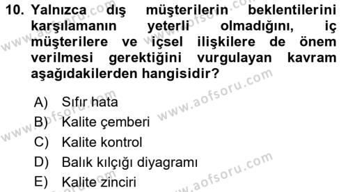 Sağlık İşletmelerinde Kalite Yönetim Dersi 2023 - 2024 Yılı (Vize) Ara Sınavı 10. Soru