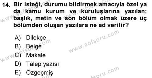 Tıbbi Belgeleme Dersi 2020 - 2021 Yılı Yaz Okulu Sınavı 14. Soru