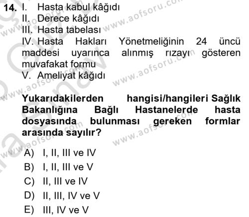 Tıbbi Belgeleme Dersi 2024 - 2025 Yılı (Vize) Ara Sınavı 14. Soru