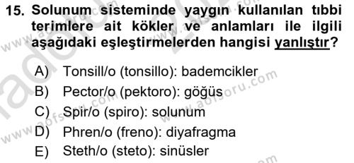 Tıp Terimleri Dersi 2023 - 2024 Yılı (Vize) Ara Sınavı 15. Soru