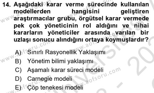 Sağlık Kurumları Yönetimi 2 Dersi 2023 - 2024 Yılı Yaz Okulu Sınavı 14. Soru