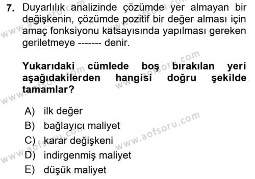 Sağlık Kurumlarında Operasyon Yönetimi Dersi 2023 - 2024 Yılı Yaz Okulu Sınavı 7. Soru