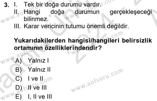 Sağlık Kurumlarında Operasyon Yönetimi Dersi 2024 - 2025 Yılı (Vize) Ara Sınavı 3. Soru