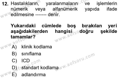 Sağlık Kurumlarında Bilgi Sistemleri Dersi 2023 - 2024 Yılı (Vize) Ara Sınavı 12. Soru