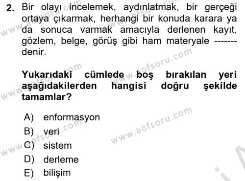 Sağlık Kurumlarında Bilgi Sistemleri Dersi 2023 - 2024 Yılı (Vize) Ara Sınavı 2. Soru