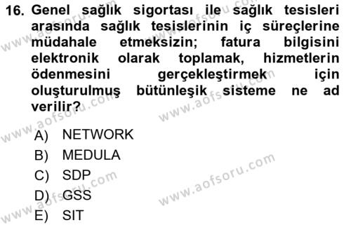 Sağlık Sigortacılığı Dersi 2023 - 2024 Yılı (Final) Dönem Sonu Sınavı 16. Soru