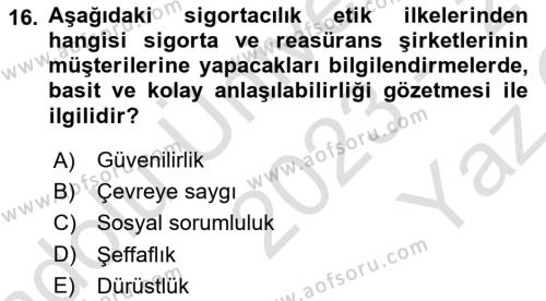 Sağlık Sigortacılığı Dersi 2023 - 2024 Yılı Yaz Okulu Sınavı 16. Soru