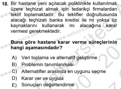 Sağlık İşletmelerinde Maliyet Yönetim Dersi 2020 - 2021 Yılı Yaz Okulu Sınavı 18. Soru