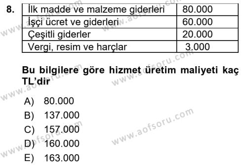 Sağlık İşletmelerinde Maliyet Yönetim Dersi 2020 - 2021 Yılı Yaz Okulu Sınavı 8. Soru