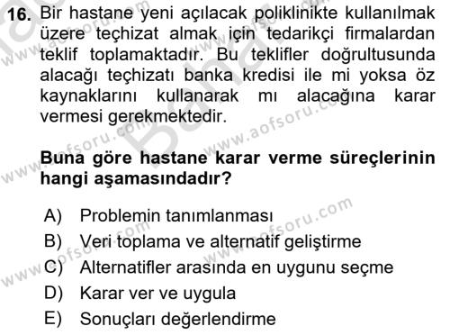 Sağlık İşletmelerinde Maliyet Yönetim Dersi 2021 - 2022 Yılı (Final) Dönem Sonu Sınavı 16. Soru