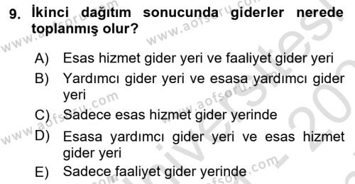 Sağlık İşletmelerinde Maliyet Yönetim Dersi 2021 - 2022 Yılı (Final) Dönem Sonu Sınavı 9. Soru