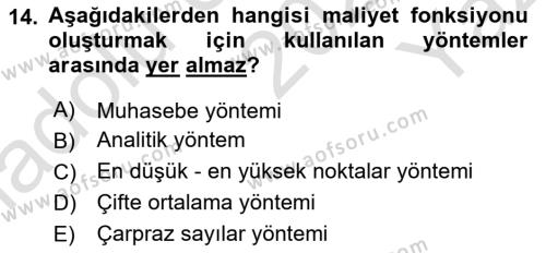 Sağlık İşletmelerinde Maliyet Yönetim Dersi 2022 - 2023 Yılı Yaz Okulu Sınavı 14. Soru