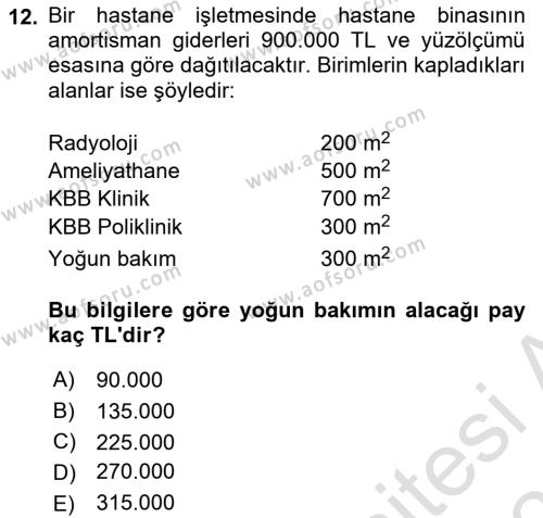 Sağlık İşletmelerinde Maliyet Yönetim Dersi 2023 - 2024 Yılı (Vize) Ara Sınavı 12. Soru