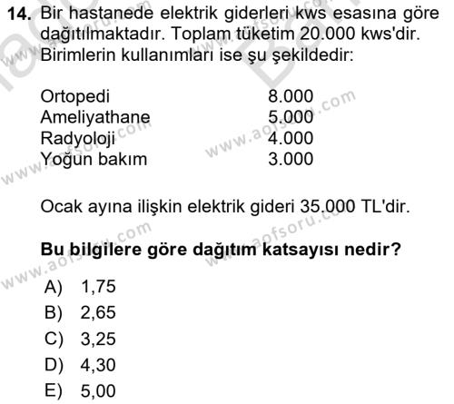 Sağlık İşletmelerinde Maliyet Yönetim Dersi 2023 - 2024 Yılı (Vize) Ara Sınavı 14. Soru