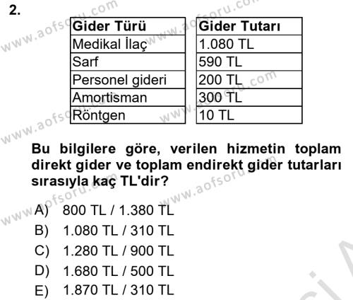 Sağlık İşletmelerinde Maliyet Yönetim Dersi 2023 - 2024 Yılı (Vize) Ara Sınavı 2. Soru