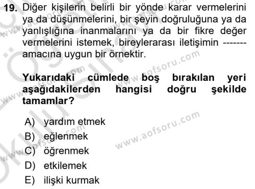 Bakım Elemanı Yetiştirme Ve Geliştirme Dersi 2021 - 2022 Yılı Yaz Okulu Sınavı 19. Soru