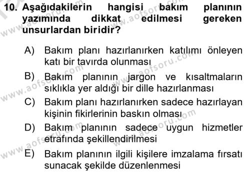 Bakım Elemanı Yetiştirme Ve Geliştirme Dersi 2022 - 2023 Yılı Yaz Okulu Sınavı 10. Soru