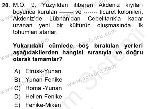 Akdeniz Uygarlıkları Sanatı Dersi 2018 - 2019 Yılı (Vize) Ara Sınavı 20. Soru