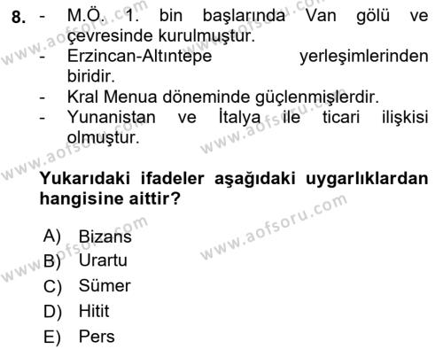 Akdeniz Uygarlıkları Sanatı Dersi 2022 - 2023 Yılı Yaz Okulu Sınavı 8. Soru