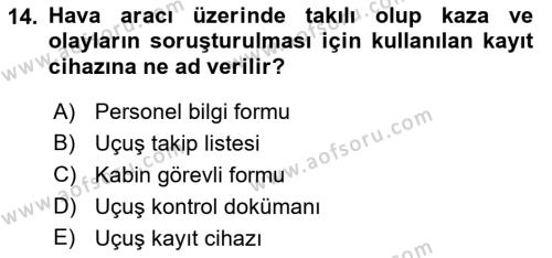 Havacılık Terminolojisi Dersi 2021 - 2022 Yılı (Final) Dönem Sonu Sınavı 14. Soru