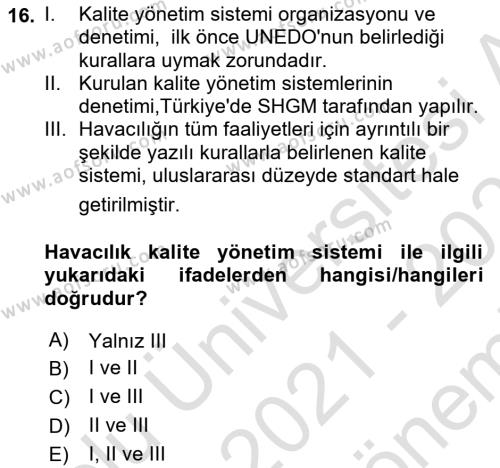 Havacılık Terminolojisi Dersi 2021 - 2022 Yılı (Final) Dönem Sonu Sınavı 16. Soru