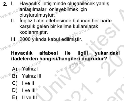 Havacılık Terminolojisi Dersi 2021 - 2022 Yılı (Final) Dönem Sonu Sınavı 2. Soru