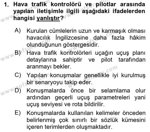 Havacılık Terminolojisi Dersi 2021 - 2022 Yılı Yaz Okulu Sınavı 1. Soru