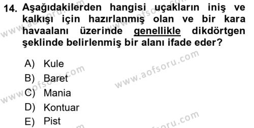 Havacılık Terminolojisi Dersi 2021 - 2022 Yılı Yaz Okulu Sınavı 14. Soru