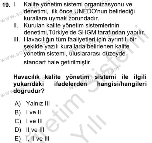 Havacılık Terminolojisi Dersi 2021 - 2022 Yılı Yaz Okulu Sınavı 19. Soru